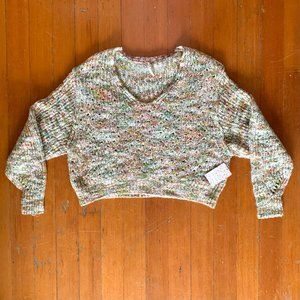NWT Free People Highland Cable Knit Oversized V-Neck Mendocino Combo Sweater XS